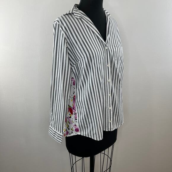 TOLANI Gray White Stripe Button-Up Tunic Top Multicolor Floral Long Sleeve XXS - Picture 2 of 9